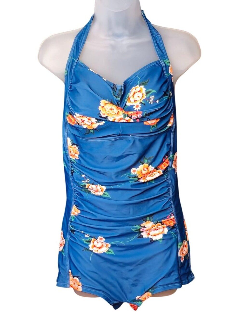 Blue Floral Halter One Piece Swimsuit XL Ruched Tummy Control Boy Shorts